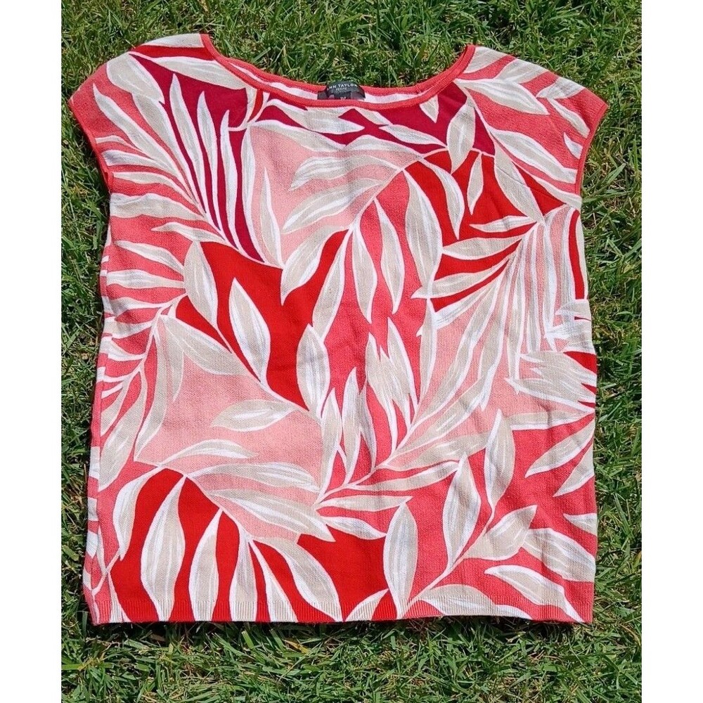 Beachy Coral Pink Tropical Palm Leaf Knit Top Cap Sleeve 100% Cotton Resortwear - Picture 8 of 8
